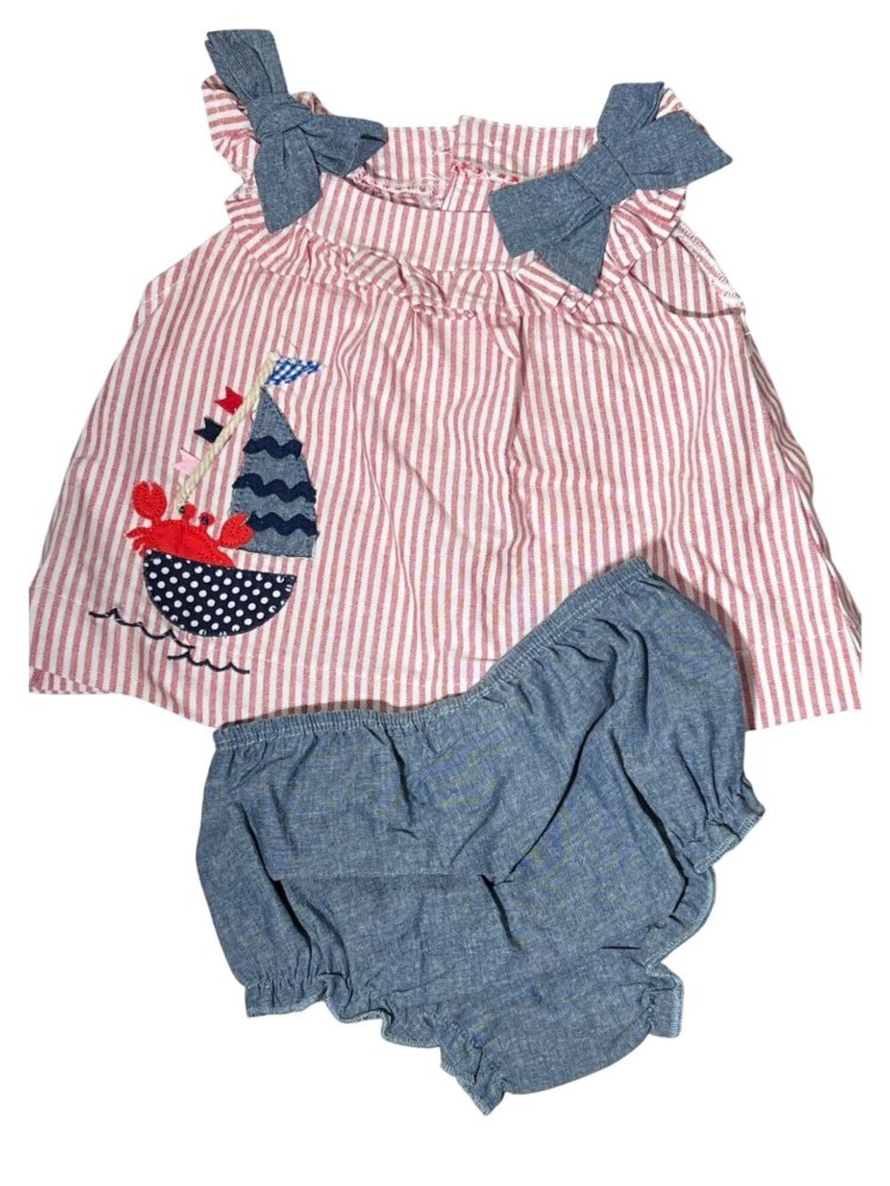Mud Pie 3-6m NWOT pinafore bloomer set crab Sailboat nautical red blue USA bows